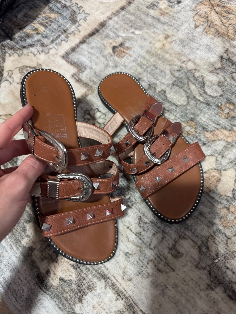 Tan Leather Slide Sandals with Studded Straps and Buckles